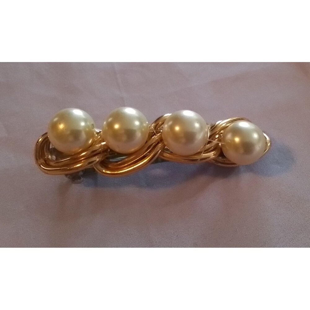 Vintage Gold Tone Hair Clip Barrette With Faux Pearl Accents For Elegant Styling